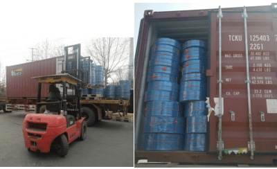 Se cargaron dos contenedores de manguera de descarga plana de agua de PVC